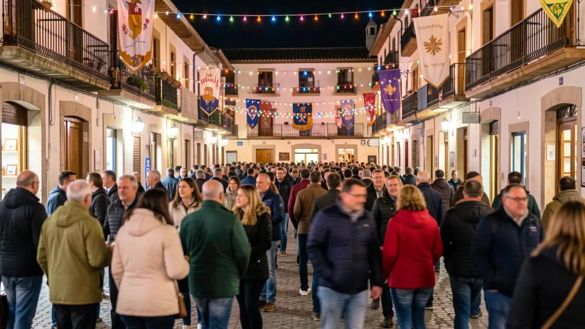 Imagen genérica de una plaza de pueblo español por la noche durante unas fiestas, con luces y ambiente festivo.