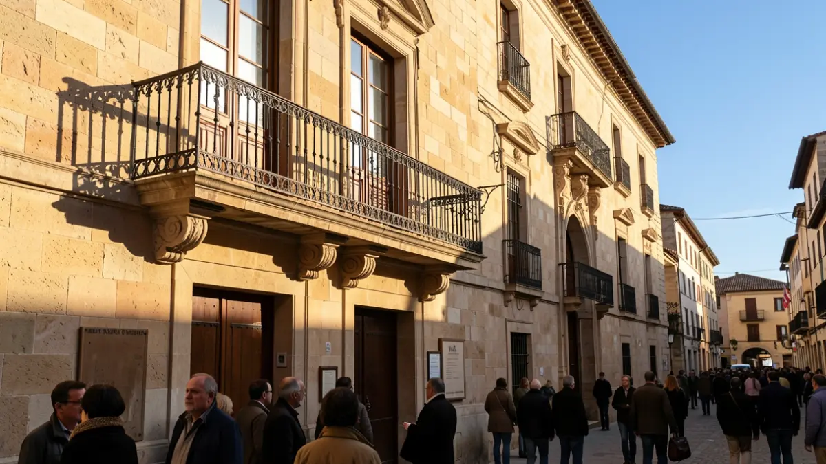 Fachada de un ayuntamiento de piedra con balcón y barandillas de hierro, luz cálida de la tarde.