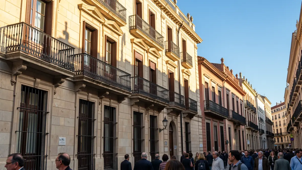 Facade of a historic building in Madrid with ornate balconies and iron railings, warm afternoon light.