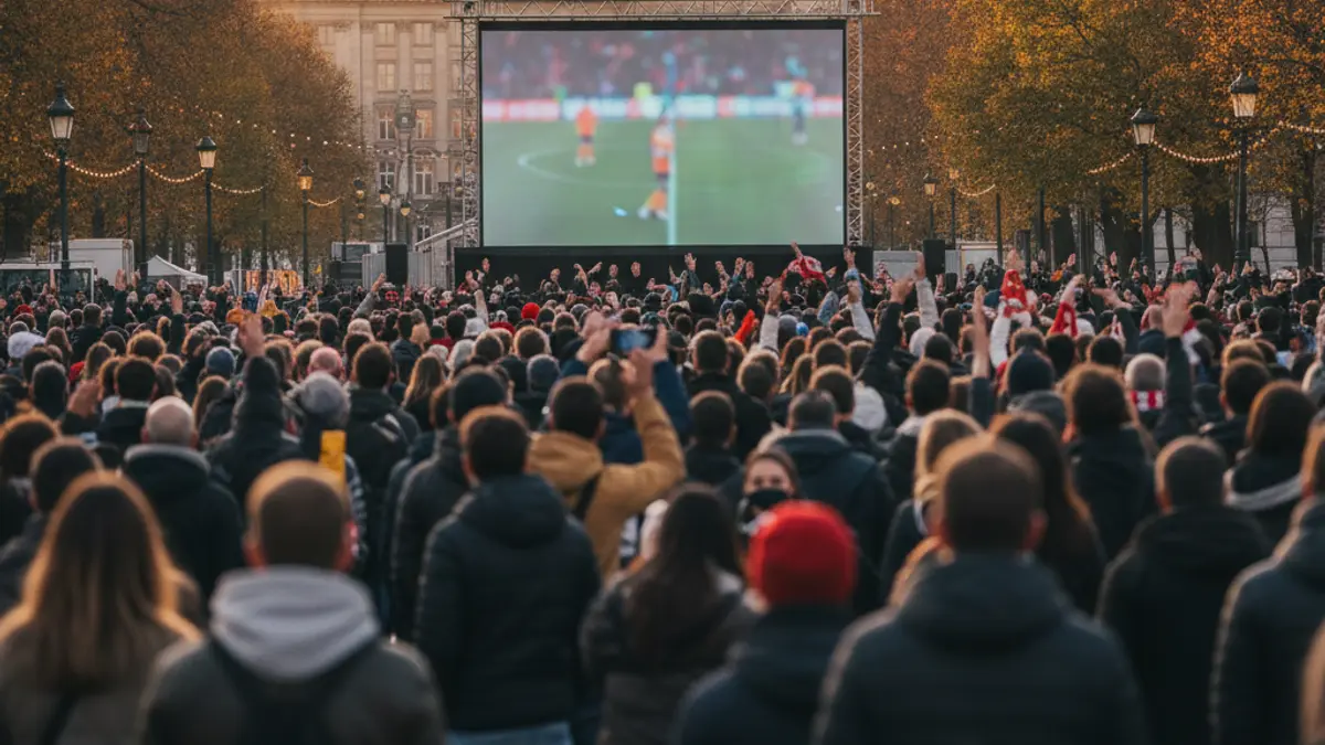 Image of a giant screen in a park showing a football match, with people watching.