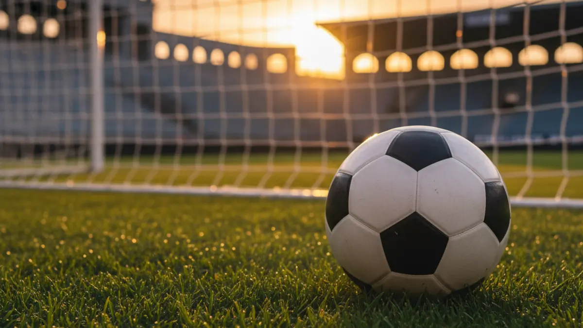Generic image of a soccer ball on a field, with the goal in the background.