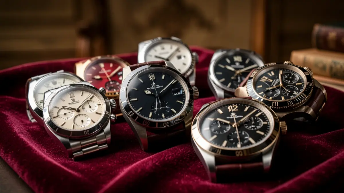 Primer plano de varios relojes de lujo, incluyendo marcas como Rolex y Patek Philippe, sobre un paño de terciopelo.