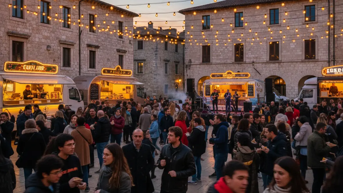 Image of a street food festival with food trucks and people enjoying.