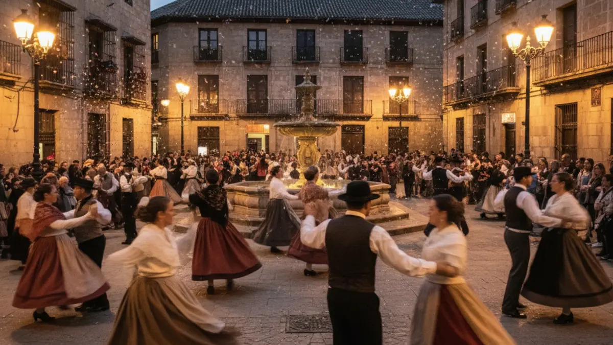 Imagen de una verbena tradicional en una plaza, con gente bailando y luces cálidas.
