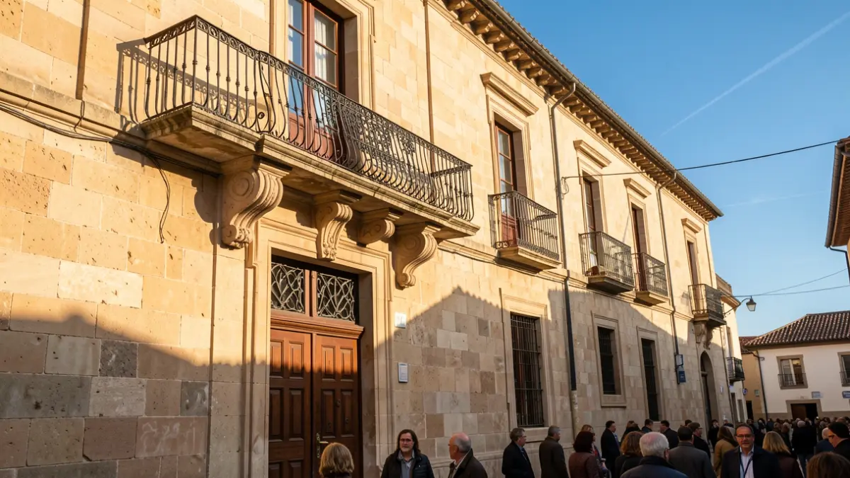 Fachada de un ayuntamiento de piedra con balcón ornamentado y barandillas de hierro, luz cálida de la tarde proyectando sombras sobre los muros de arenisca, cielo azul.