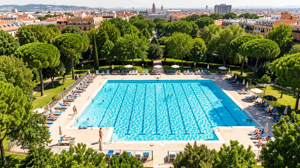 Vista aérea de una gran piscina pública en Madrid con gente tomando el sol y zonas verdes.