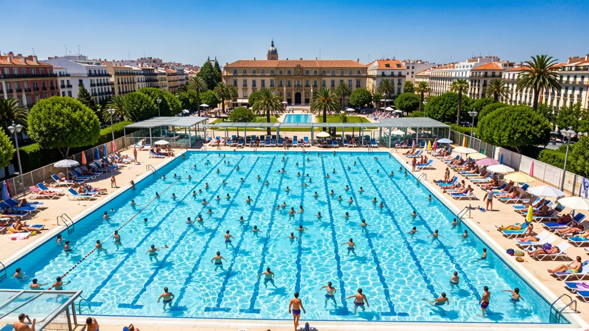 Generic image of a public summer swimming pool complex in Madrid.