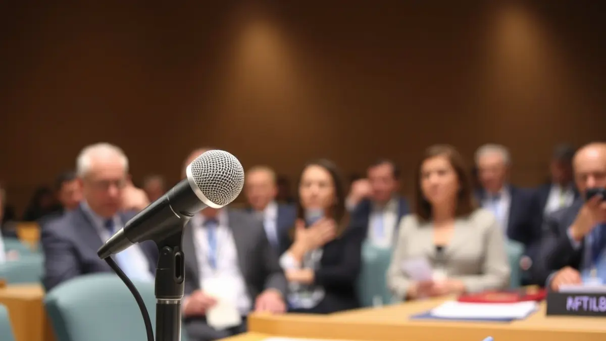 Generic image of a microphone on a podium during an official meeting.