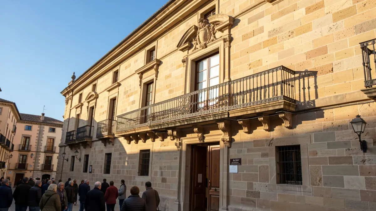 Stone facade of a Spanish town hall with an ornate balcony and iron railings, warm afternoon sunlight casting shadows on the sandstone walls, blue sky.