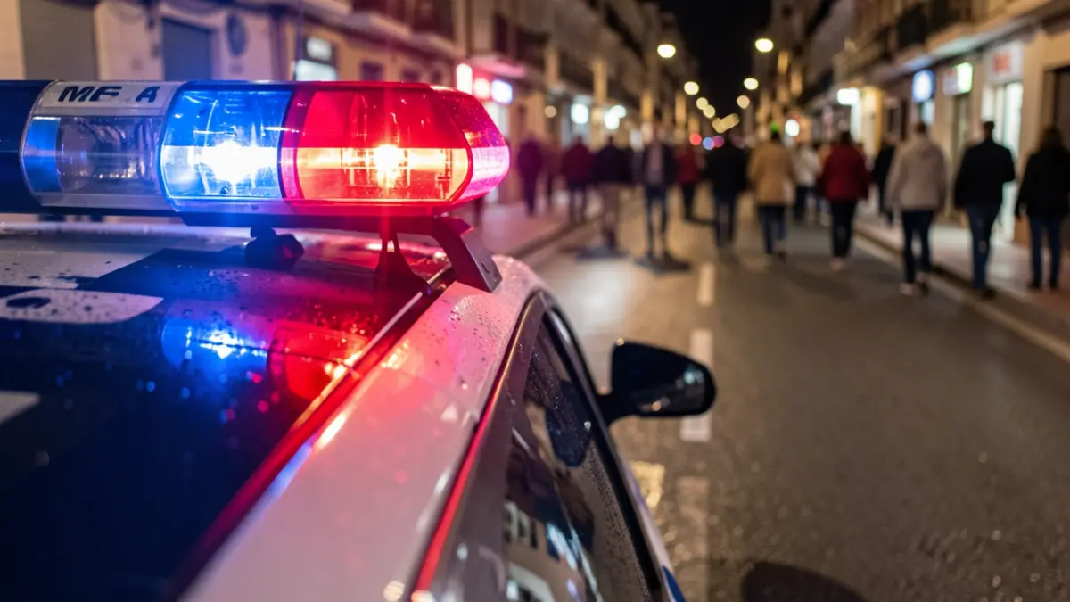 Imagen genérica de luces de emergencia policiales reflejándose en el asfalto mojado por la noche.