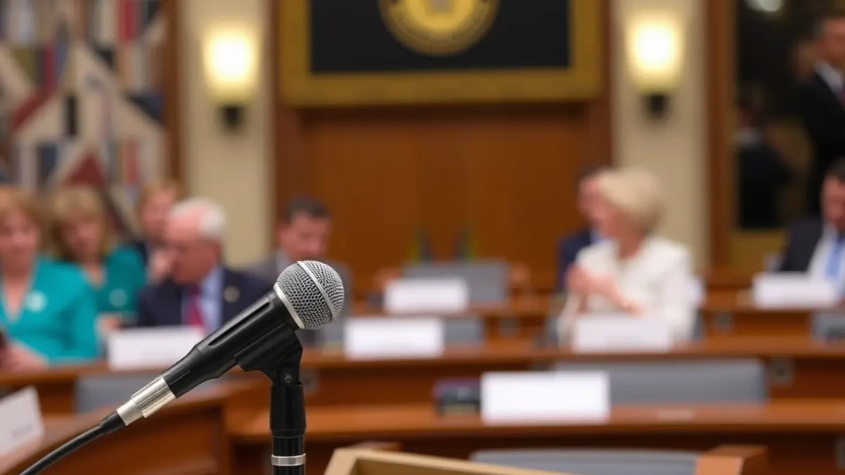 Generic image of a microphone on a podium in a municipal council chamber.