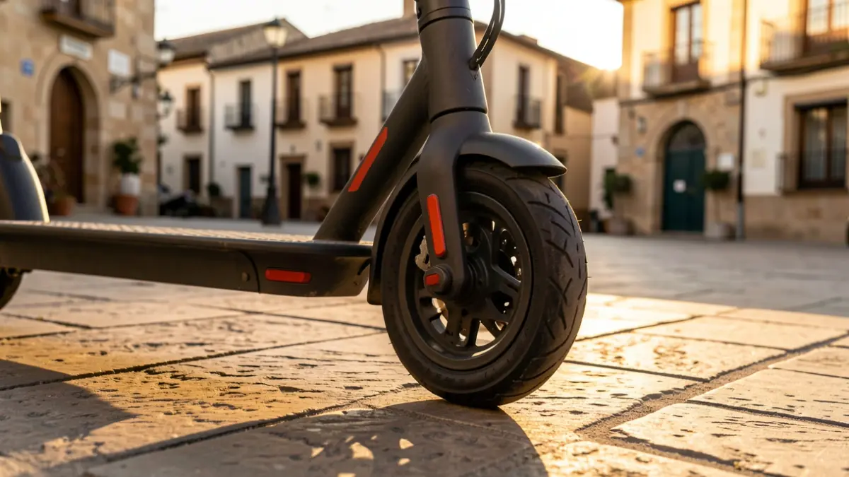 Primer plano de la rueda de un patinete eléctrico aparcado en una acera adoquinada de una plaza de pueblo español, con la arquitectura tradicional al fondo.