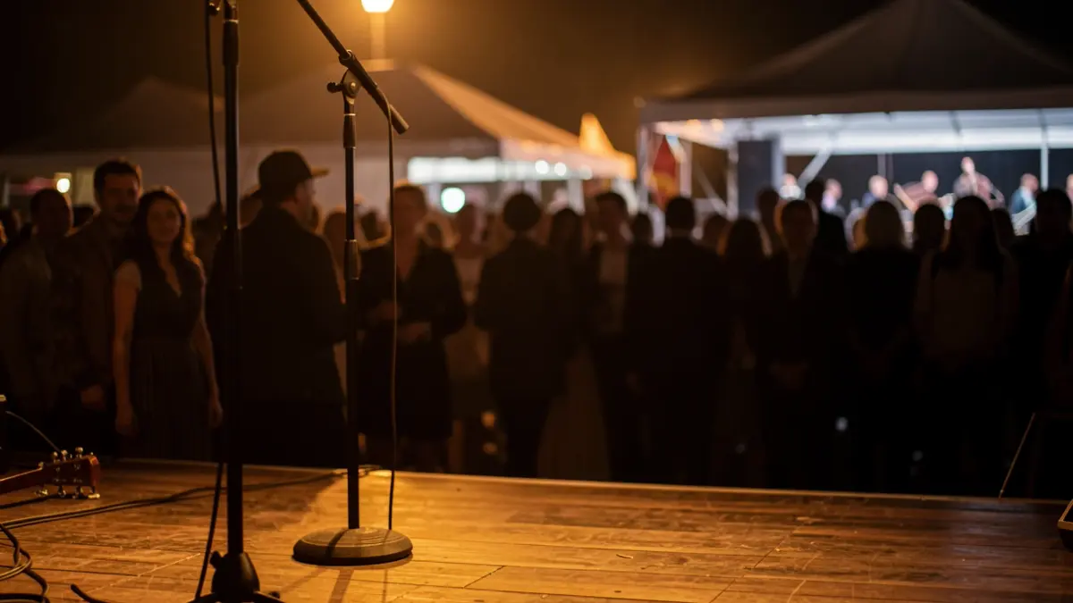 Backstage area and stage at an outdoor music festival.