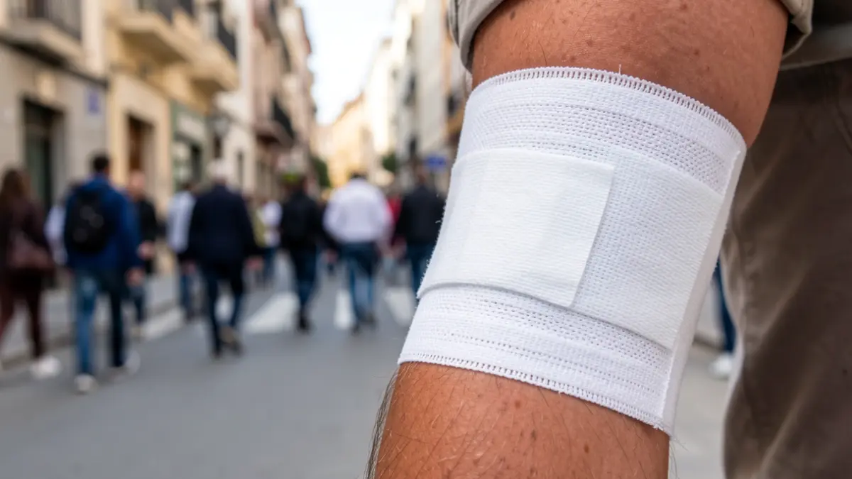 Primer plano de un vendaje blanco en la pierna de una persona, con un fondo borroso de una calle en Getafe.