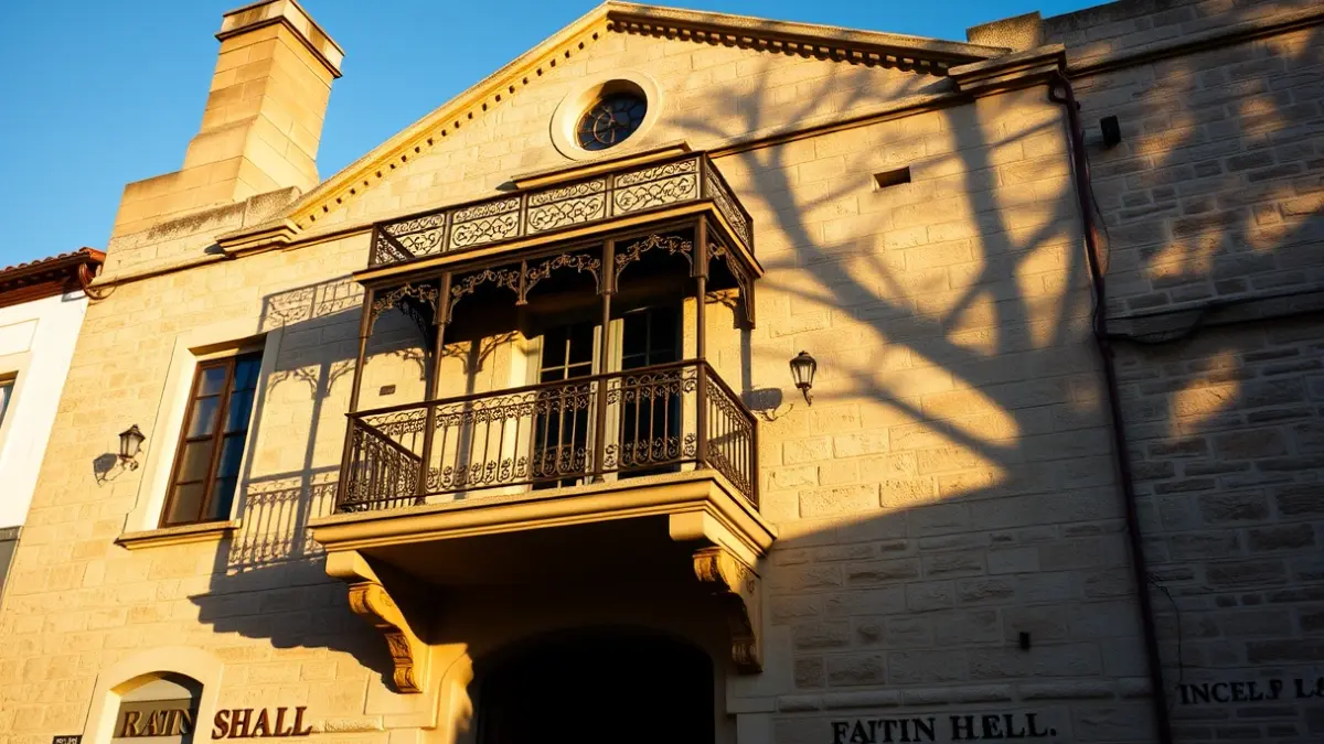 Stone town hall facade with balcony and iron railings, under warm afternoon sunlight.