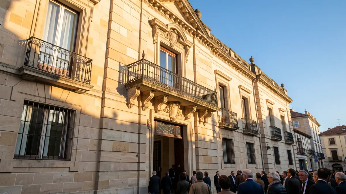 Fachada de piedra de un ayuntamiento de la Comunidad de Madrid con balcón y barandillas de hierro, luz cálida de la tarde.