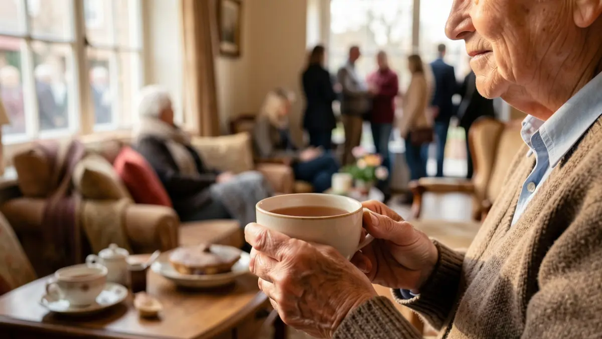 Close-up of an elderly person's hands holding a cup of tea, looking out a window with a slightly blurred background of a cozy living room.