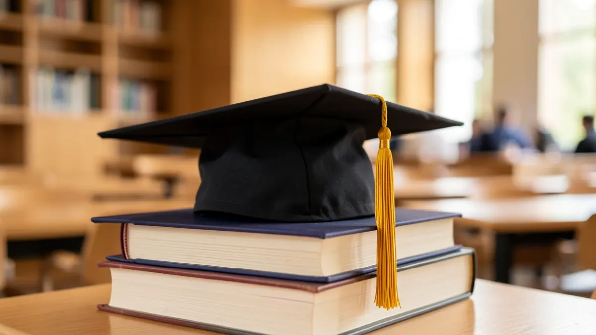 Generic image of a graduation cap on academic books.