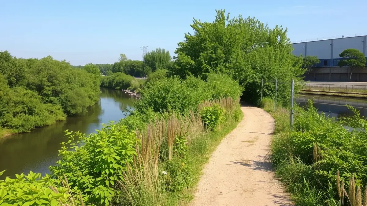 Image of a livestock trail next to a river, with vegetation and an industrial building in the background.
