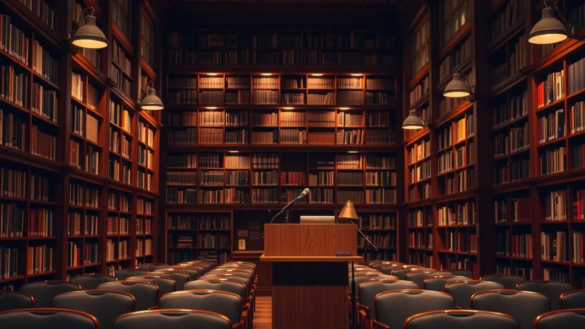 Imagen genérica de una biblioteca con un podio y sillas vacías, preparada para una presentación de libro.