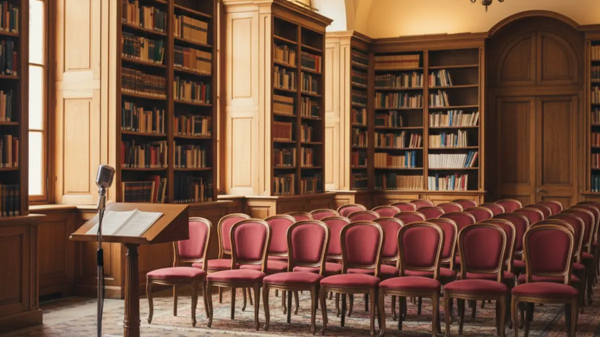 Imagen genérica de un interior de biblioteca con un podio y sillas, iluminado cálidamente.