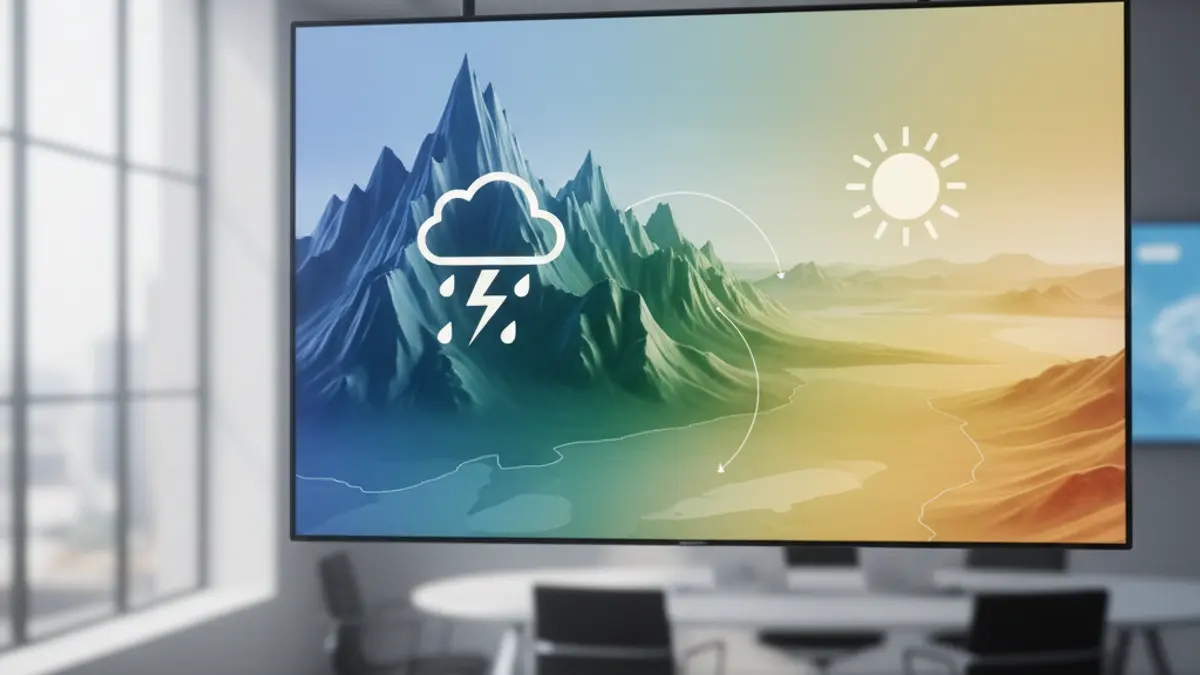 Generic image of a weather map with rain, storm, and sun symbols.