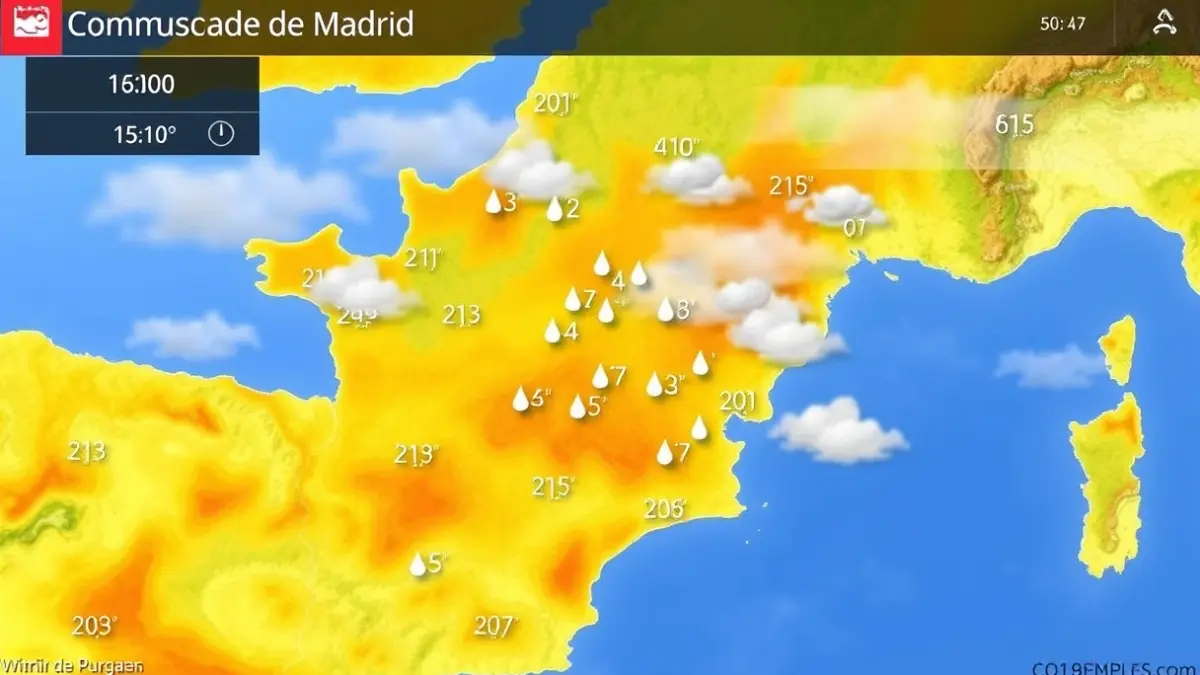 Imagen genérica de un mapa meteorológico con símbolos de lluvia dispersa y temperaturas sobre la Comunidad de Madrid.