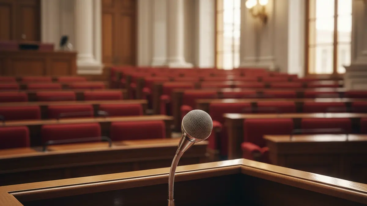 Generic image of a microphone on a podium in a legislative assembly.