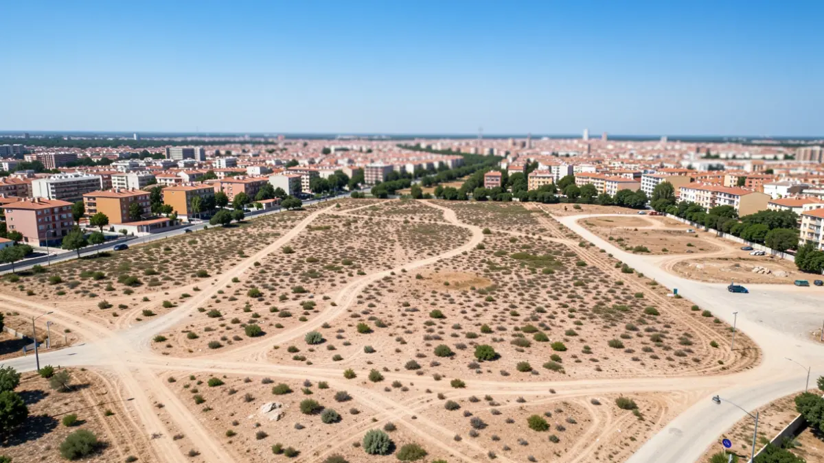 Aerial view of a large plot of land in Valdebebas, Madrid, with potential for urban development.