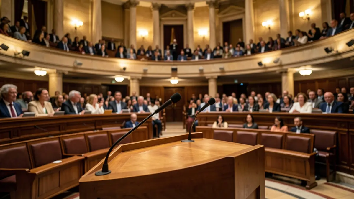 Imagen genérica del salón de plenos del Ayuntamiento de Madrid con invitados en la tribuna.