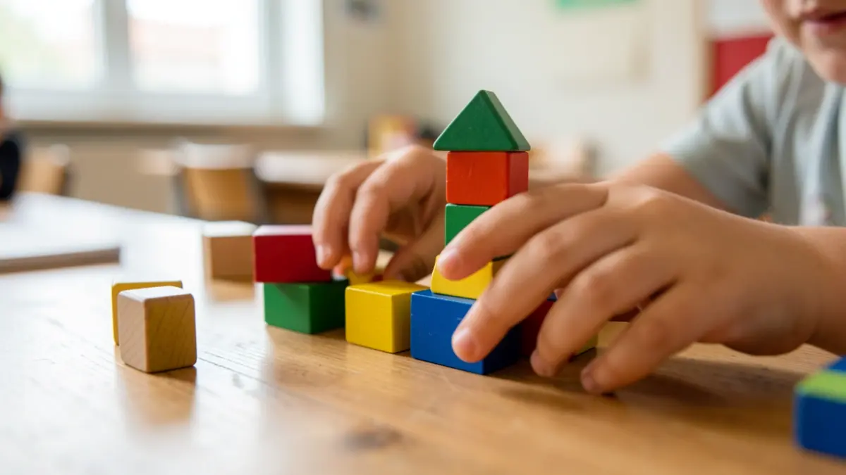 Child's hands playing with colorful blocks on a wooden table.