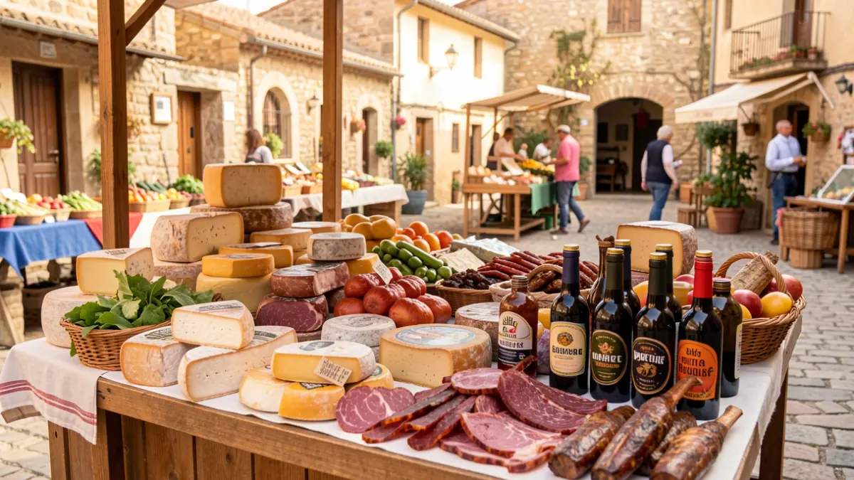 Local market stall in a Spanish village square with cheeses, smoked meats, and wines.