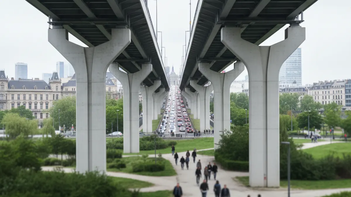 Imagen de un puente urbano con tráfico y zonas verdes debajo.
