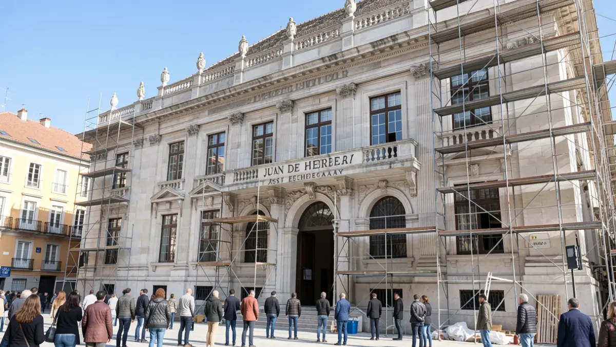 Facade of the Juan de Herrera building at the José Echegaray public school in Madrid during renovation works.