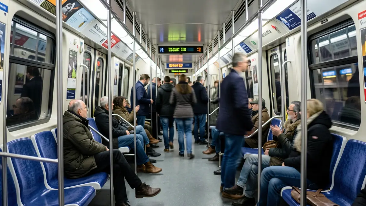 Interior de un vagón de Metro de Madrid con pasajeros y luces interiores.