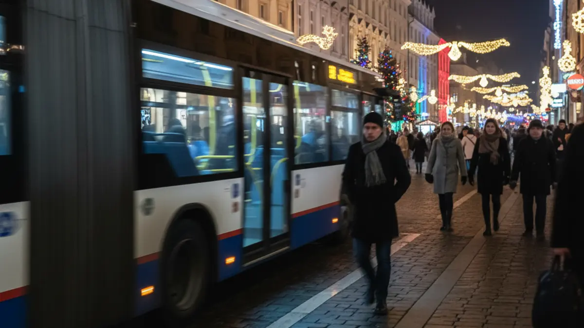 Generic image of a city bus in motion at night, with festive lights in the background.