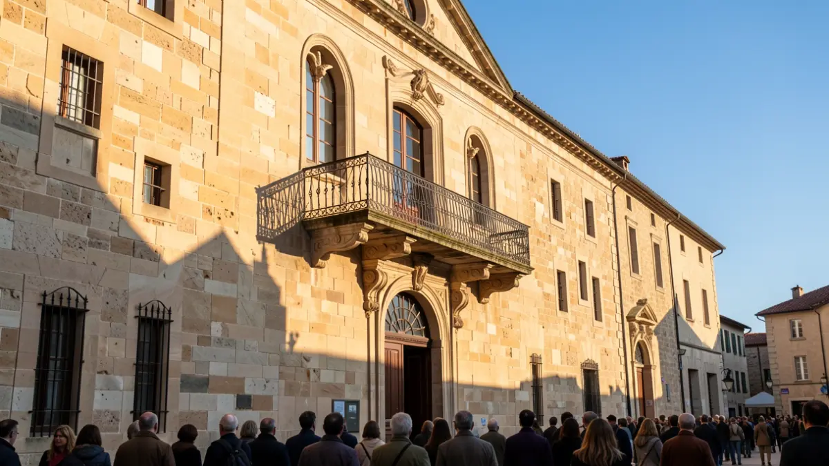 Facade of a traditional stone town hall with an iron balcony and railings, under the afternoon sun.