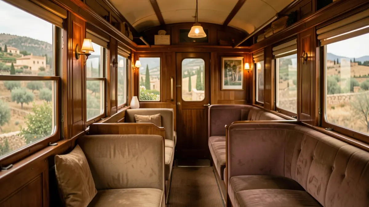 Interior de un vagón de tren turístico con asientos cómodos y decoración clásica.