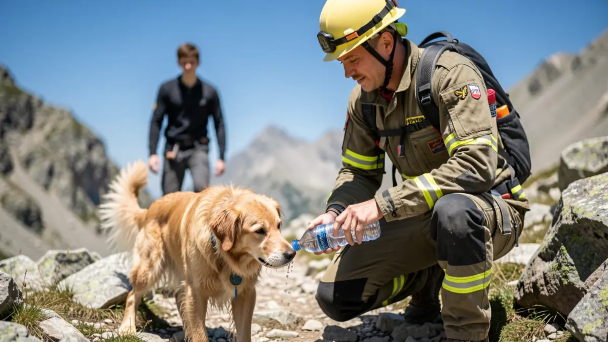 Image of a rescue team assisting a dehydrated dog on a mountain.