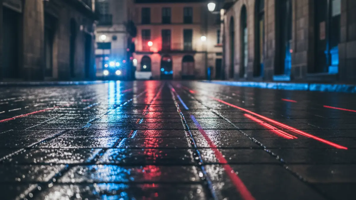 Imagen genérica de luces de emergencia reflejadas en el asfalto mojado.