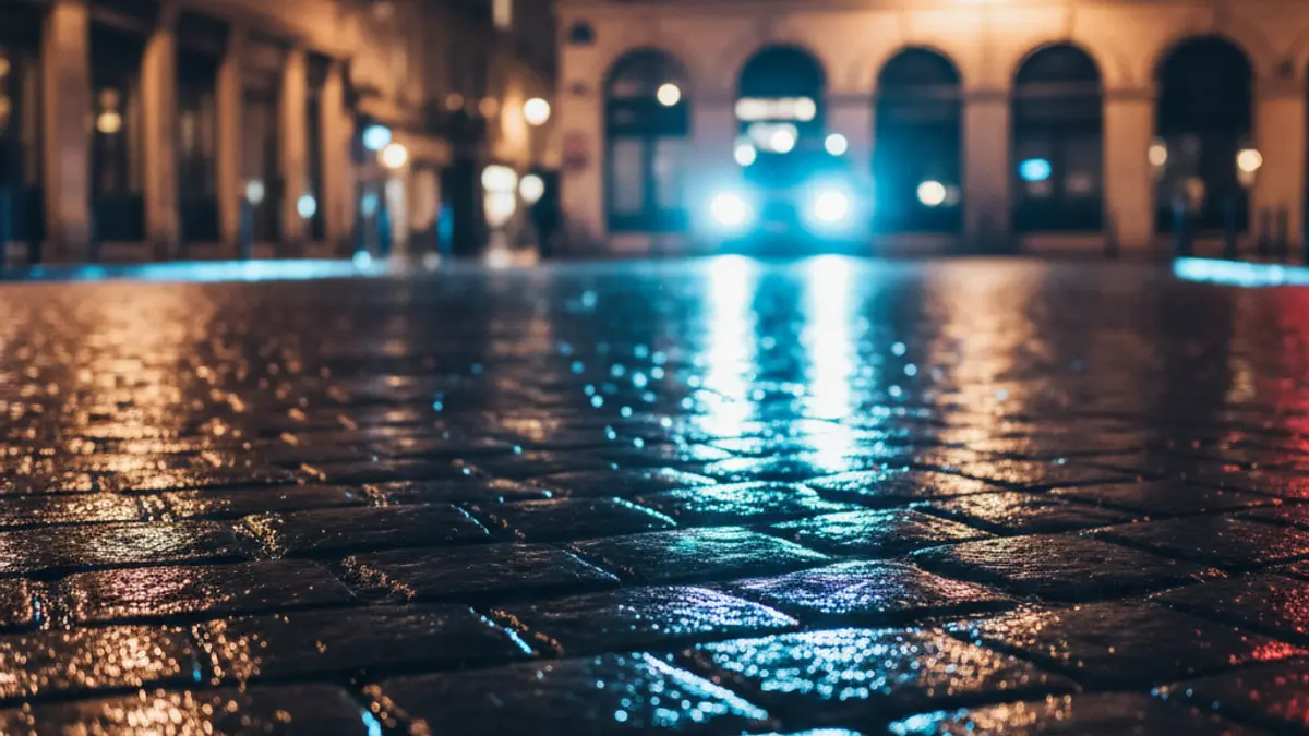 Generic image of emergency lights reflected on wet asphalt.