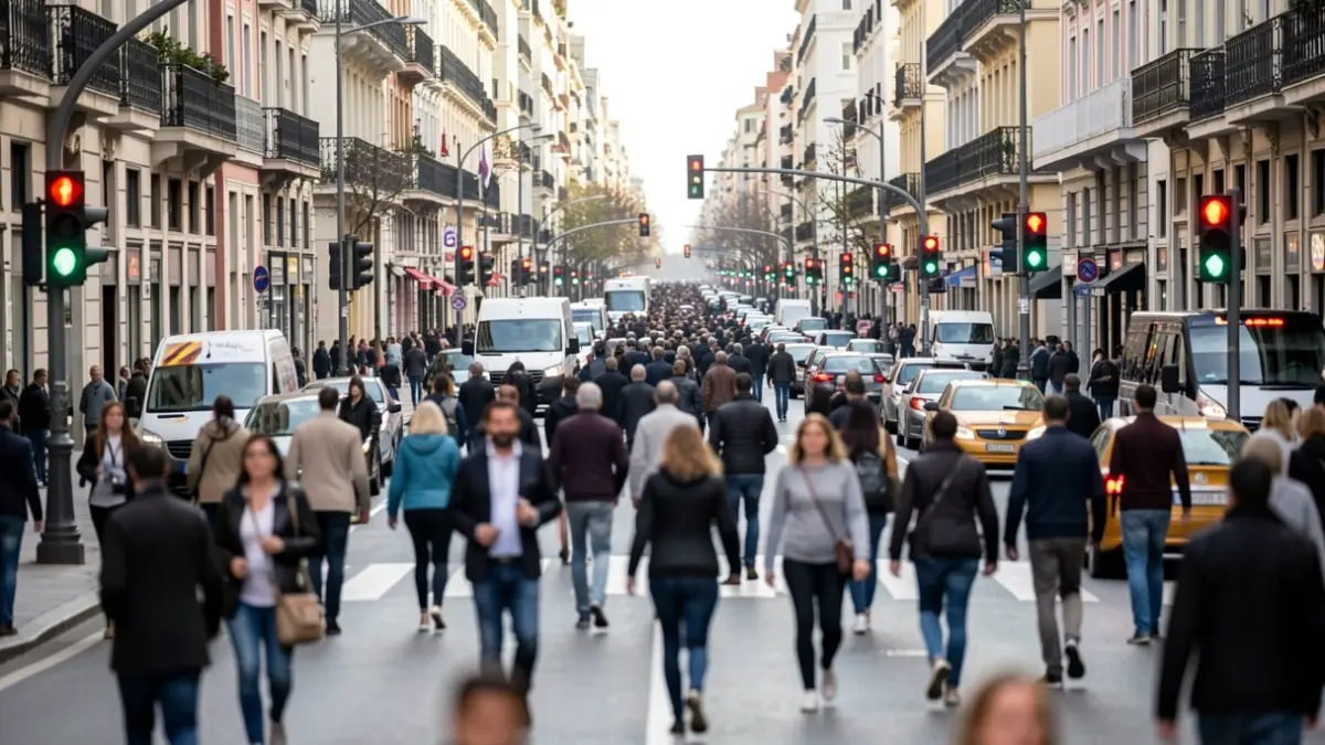 Generic image of a Madrid street with blurred traffic and lights.