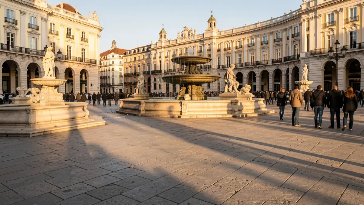 Plaza de Cibeles en Madrid con sus fuentes y estatuas bajo la luz del sol de la tarde.