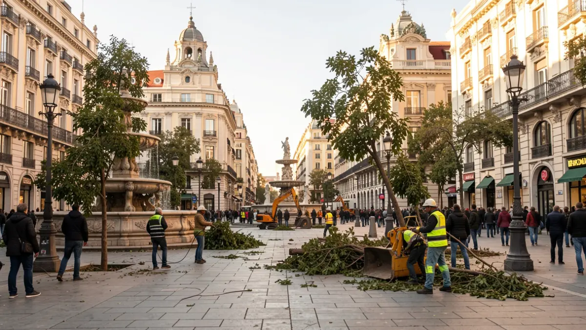Imagen de operarios retirando árboles en la Plaza de Cibeles de Madrid.