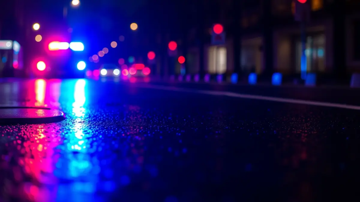 Generic image of emergency lights reflected on wet asphalt.