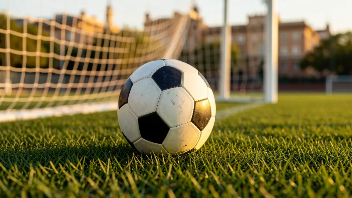 Generic image of a soccer ball on grass with the goal net blurred.