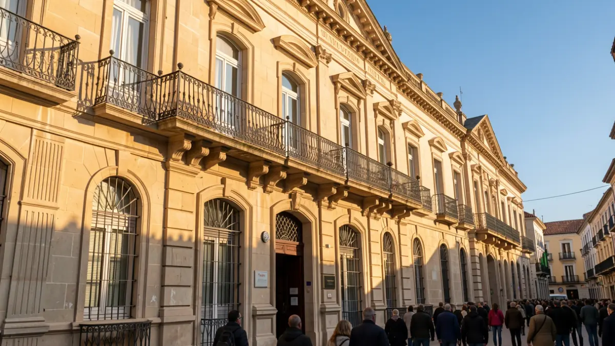 Facade of the Rivas Vaciamadrid town hall with balcony and iron railings, afternoon sunlight.