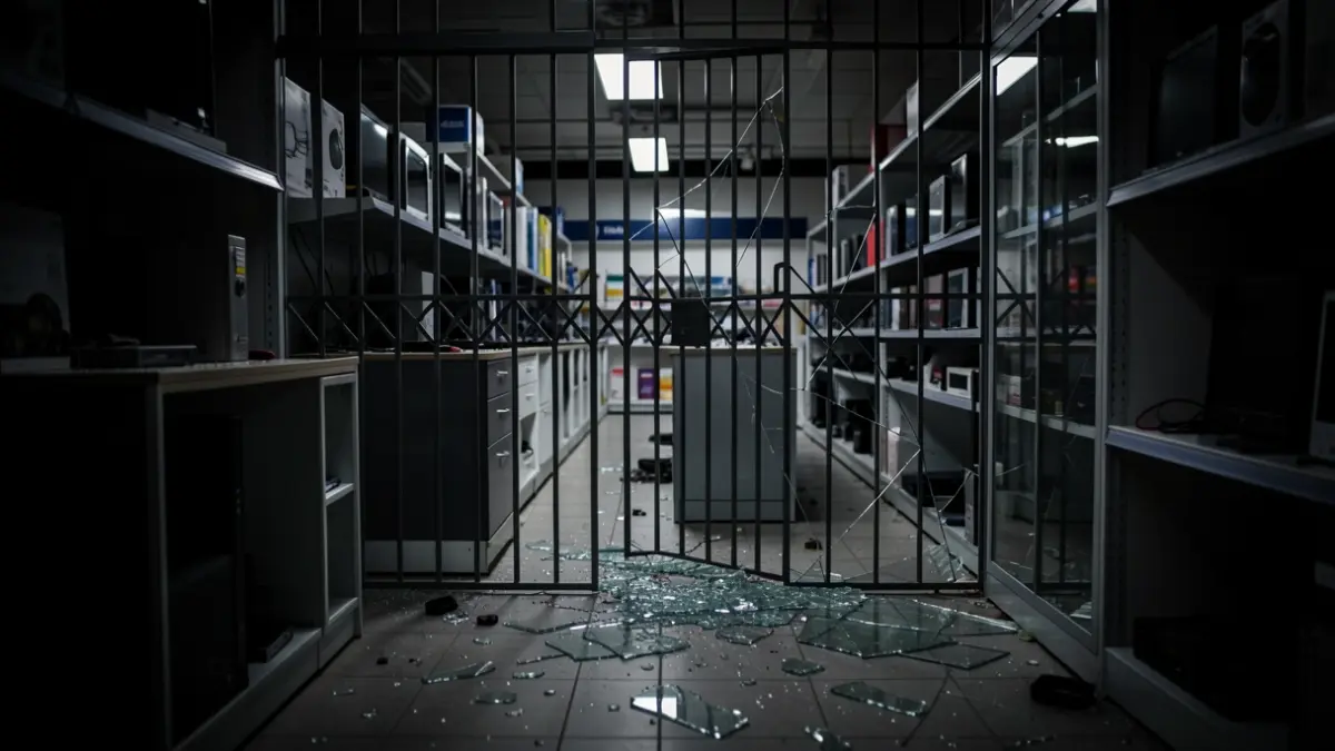 Interior of an electronics store in Alcorcón after a nighttime ram-raid robbery.