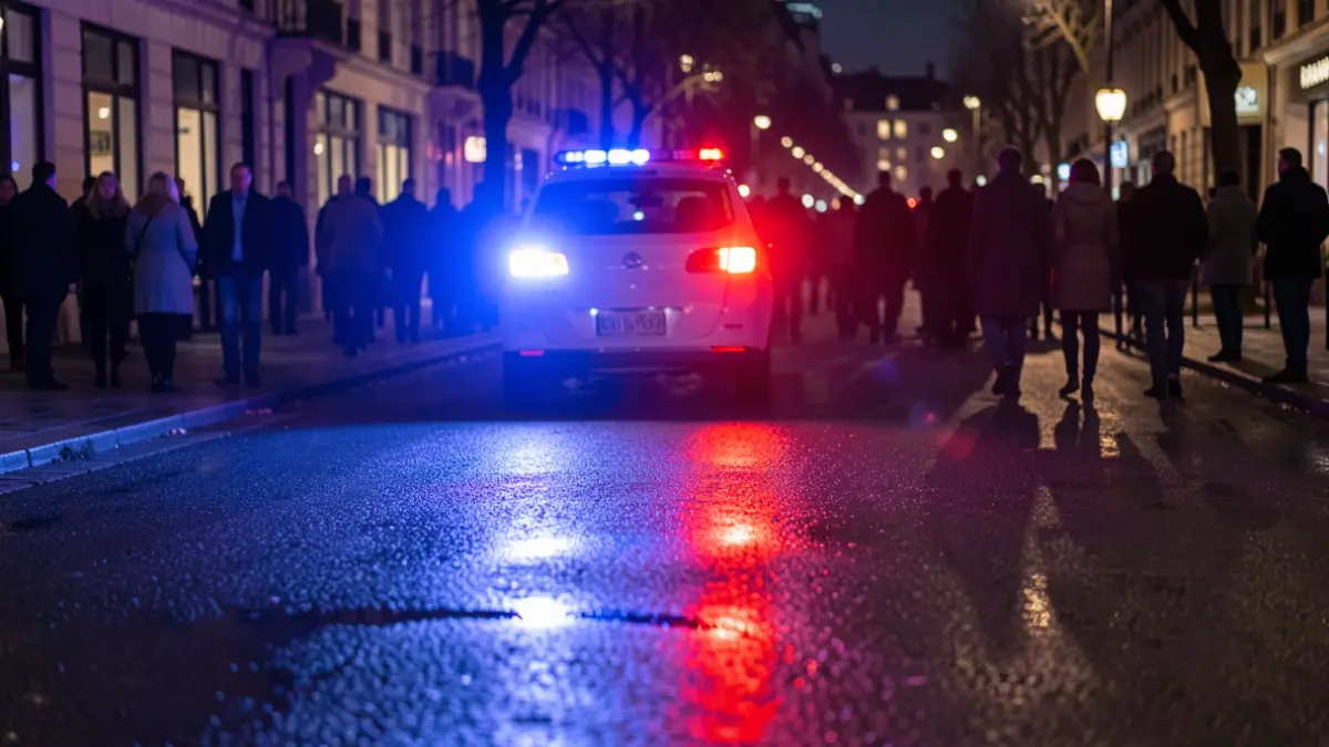 Imagen genérica de luces de emergencia policiales reflejándose en el asfalto mojado por la noche.