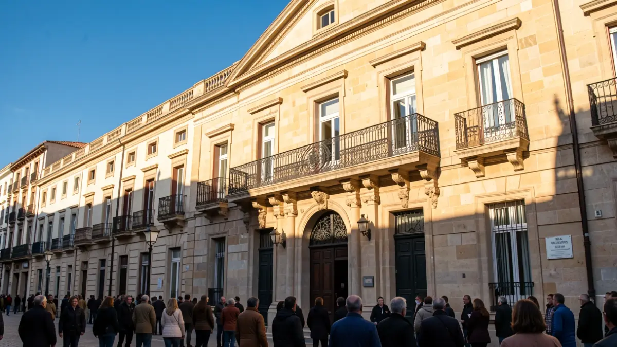 Stone facade of a Madrid town hall with balcony and iron railings, warm afternoon light.